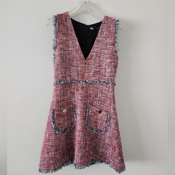 ZARA | Iconic Red Navy Raw Edge Tweed Pinafore Shift Dress red navy sz S - Picture 3 of 6